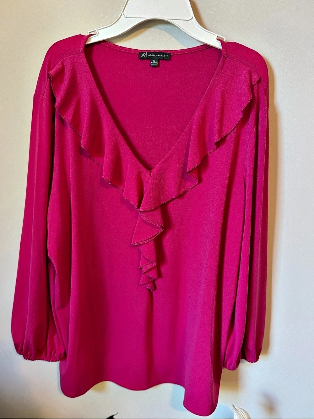 Adrianna Papell V-Neck Ruffle Long Sleeve Blouse Pink XL
